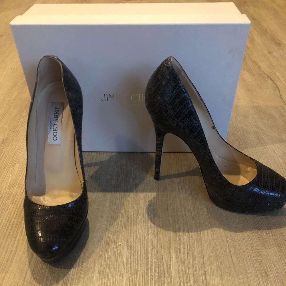 Jimmy Choo Lizard Emobssed Anthracite Platform Pumps